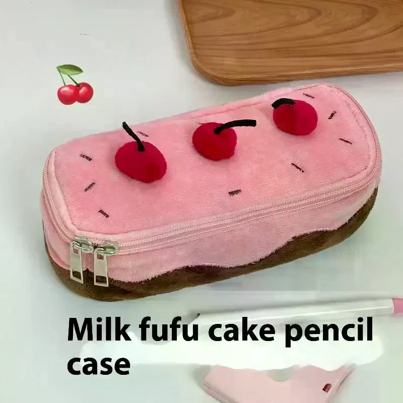 Plush Pencil Case Large Capacity Kawaii Cherry Cake Design Fuzzy Cute Qme