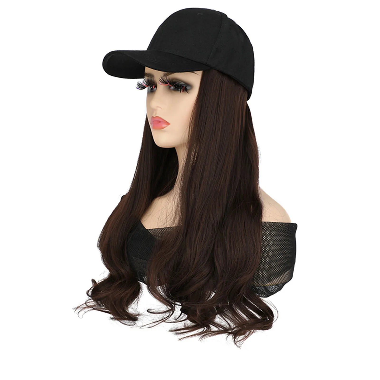 Baseball Cap With Hair Extensions Long Curly Hairstyle Adjustable Removable Black Wig Hat 17.7inch For Woman Girl Qme C