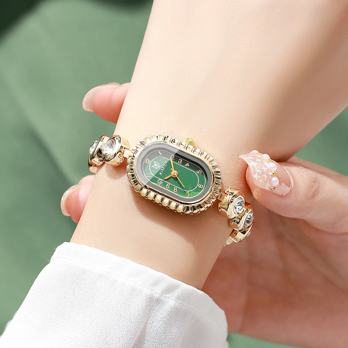 Women's Luxury Crystal Watch Gold Tone Oval Green Dial Elegant Qme