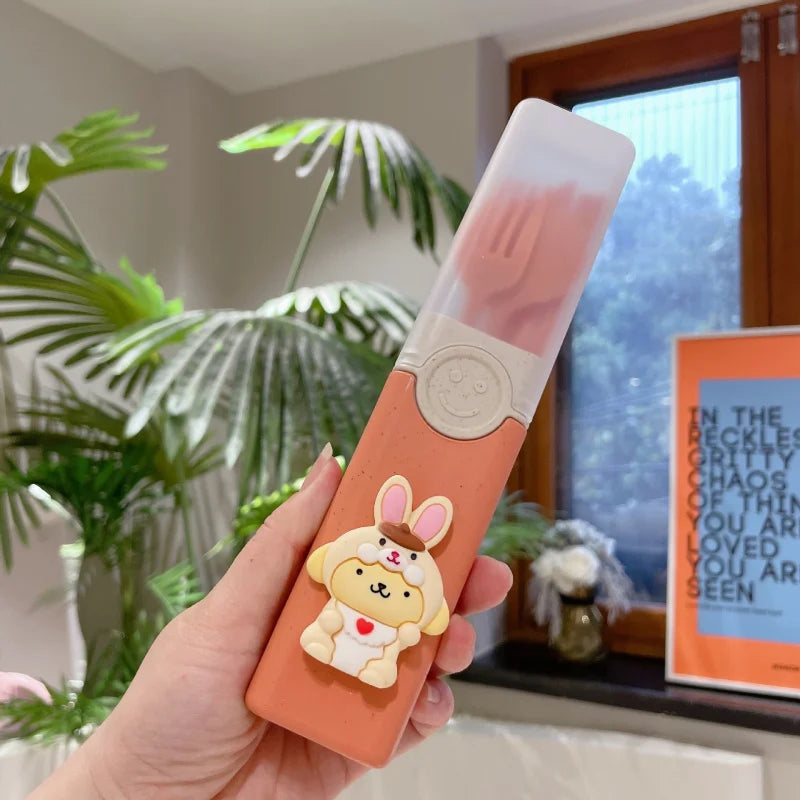Hello Kitty Kuromi Portable Cutlery Set—Cartoon-Themed Set for Home and Travel, Includes Foldable Chopsticks, Spoon, and Fork Qme