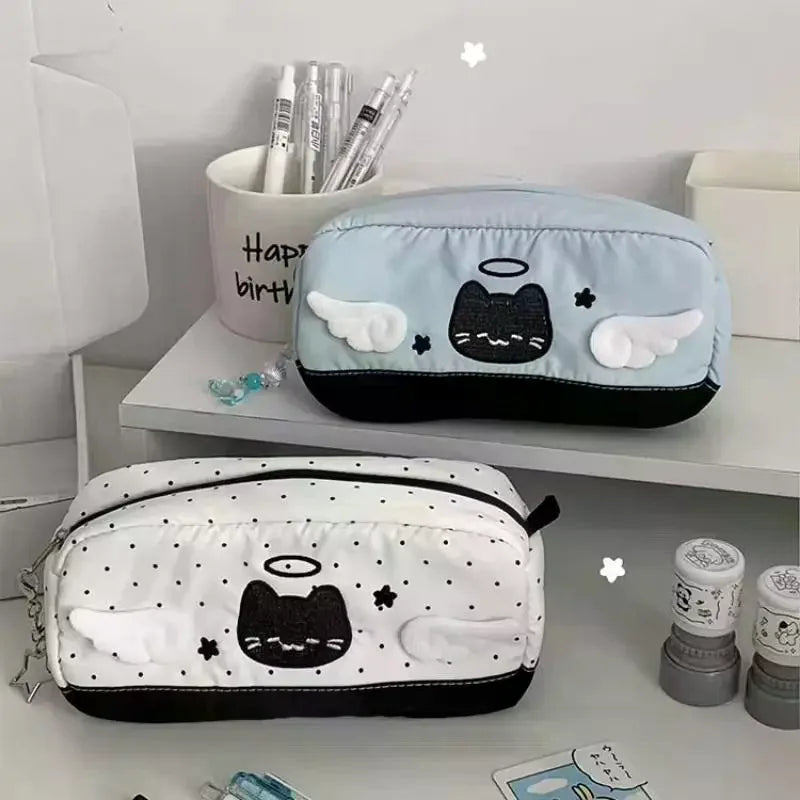 Cute Cartoon Angel Cat Printed Pencil Case Student Stationery Back Qme