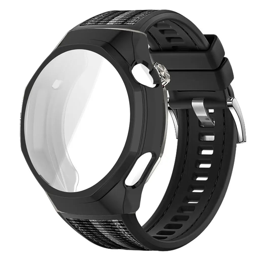 TPU Case+Strap For Huawei GT6 Pro 46mm Soft Silicone+Nylon Woven Bracelet Band With TPU Protector Bumper Shell Cover Qme Black-B For GT6 Pro 46mm