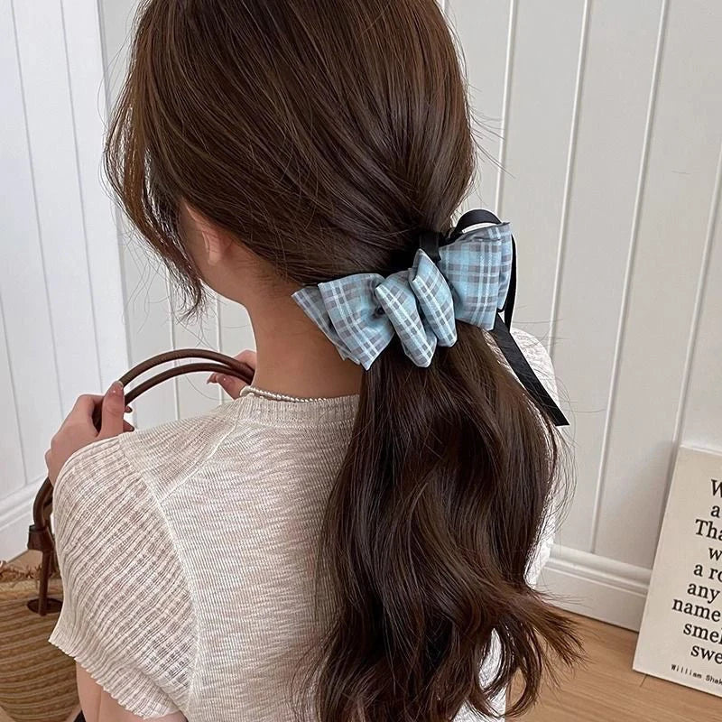 Fashion Women's Blue Bow Hair Accessory Ponytail Female Vintage Qme