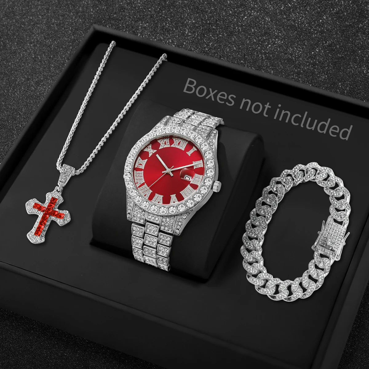 Men Iced Watch Set Red Crystal Cross Necklace Diamond Cuban Bracelet Qme Silver Red No Box