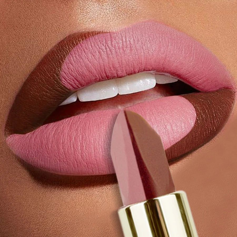 Two-tone Matte Lipstick Pink Waterproof Lip Makeup Easy Use Refill Qme