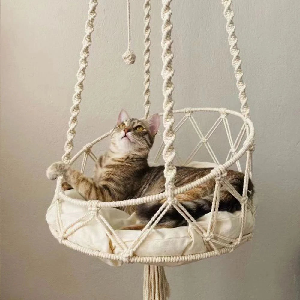 1PC Winter Hand-Woven Kitten Hammock Hanging Cat Bed Bohemian Belt Hanging Kit Upholstery Cat Litter Qme