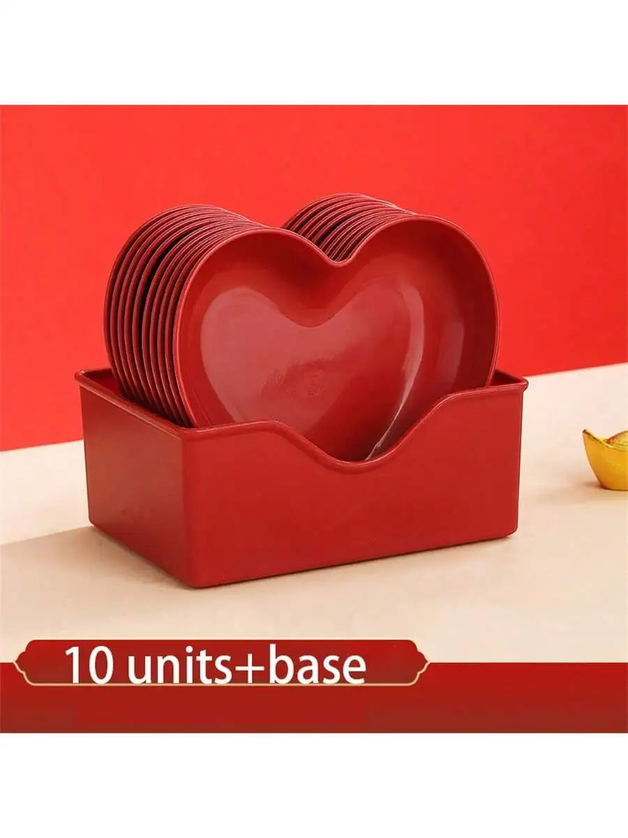 1 5 10 Plastic Heart Shaped Dinner Plate Red Pink Themed Fruit Snacks Qme Red 10pcs with base 6 Inches