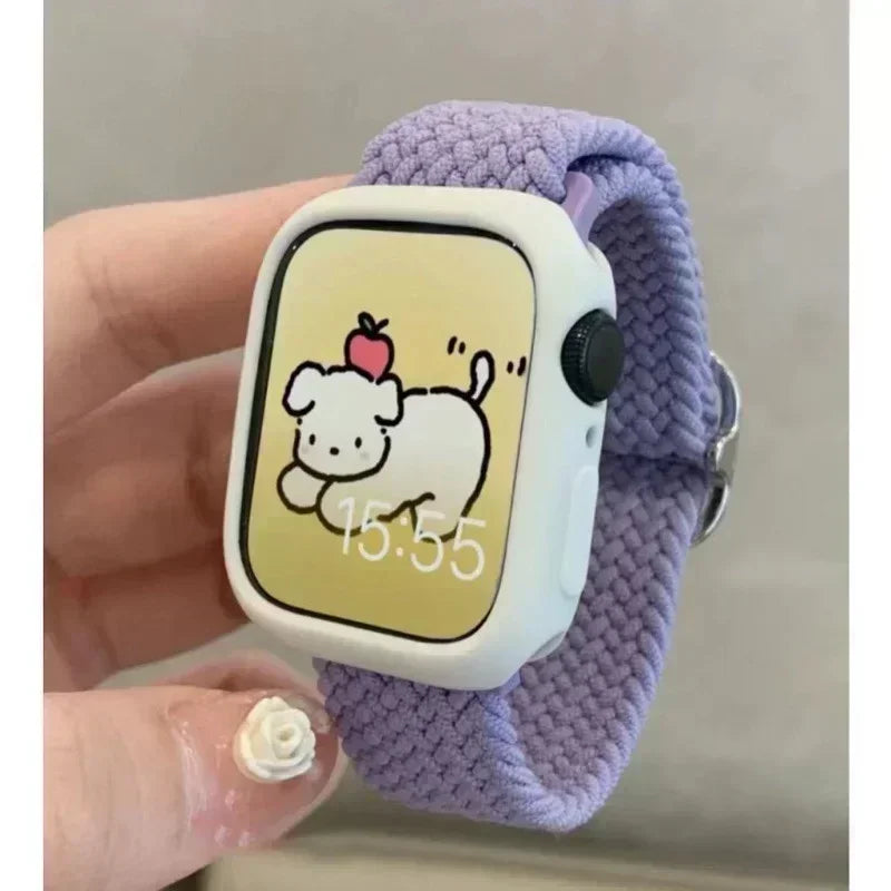 Korean Cute Braied Strap + Case For Apple Watch Band 49mm 46mm 45 44 38 42 Nylon Bracelet For iWatch Series 10 9 8 7 6 5 4 3 SE Qme