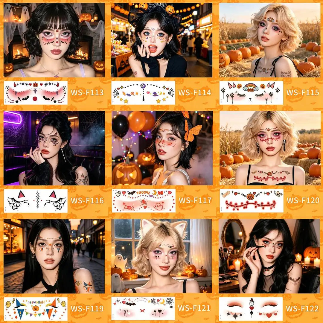 A European New 6/9Pcs Halloween Face Tattoo Stickers, Waterproof Realistic Freckle Spider Decals for Ghost Witch Cosplay Qme 9pcs WS-F113-122