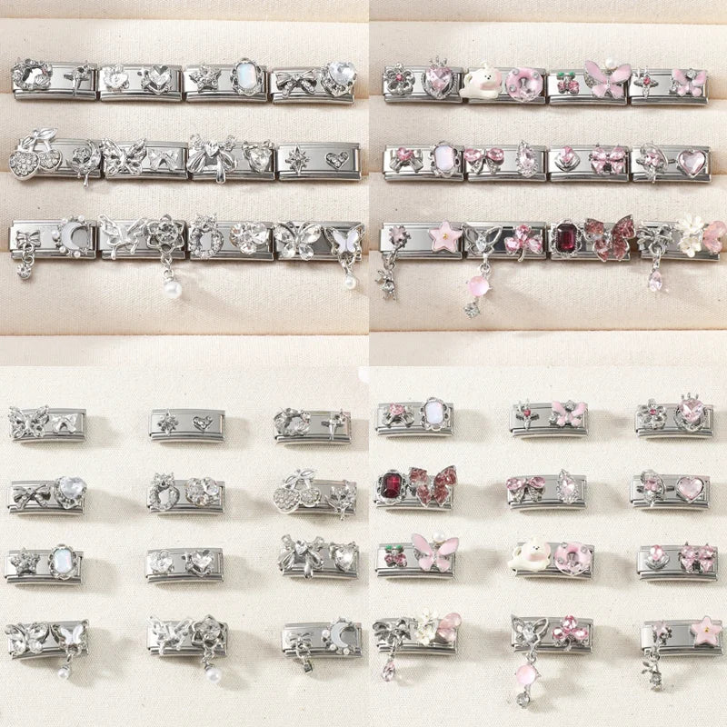 Wholesale Colored Gemstone Bowknot Water Drop Heart Italian Charm Link Stainless Steel Fit 9mm Bracelet Jewelry DIY Making Gifts Qme
