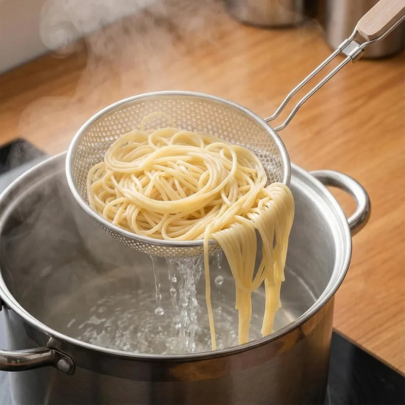 Stainless Steel Colander Fine Mesh Skimmer Spoon with Wooden Handle Used for Cooking Food Large Kitchen Frying Filter Qme