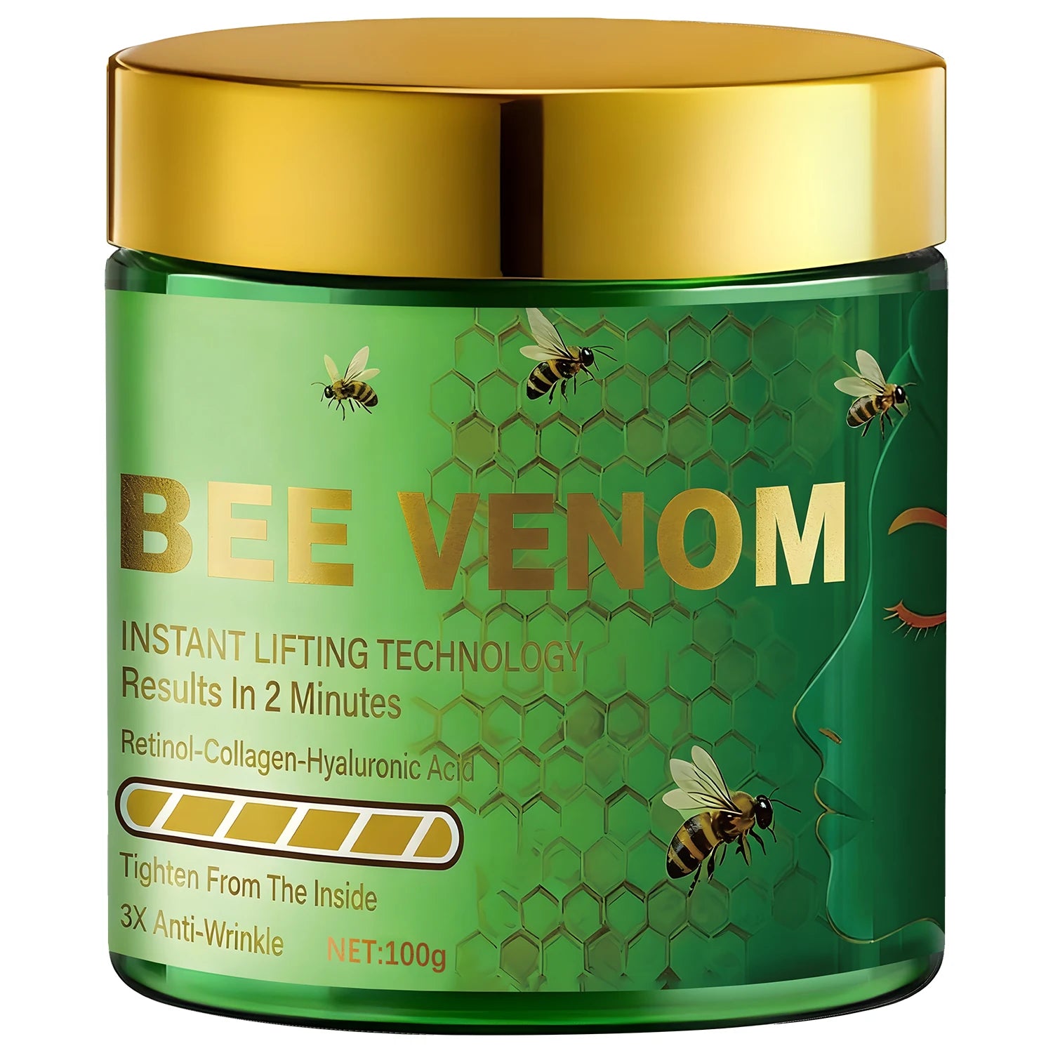 Bee Venom Instant Lifting Cream - 3X Anti-Wrinkle & Tightening Results in 2 Minutes with Retinol & Collagen. Qme green 100g