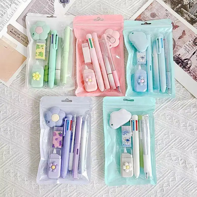 7PCS Cream Color Cute Stationery Set for School, Christmas Student Gift, Kawaii Writing Supplies with Notebook Pen Qme