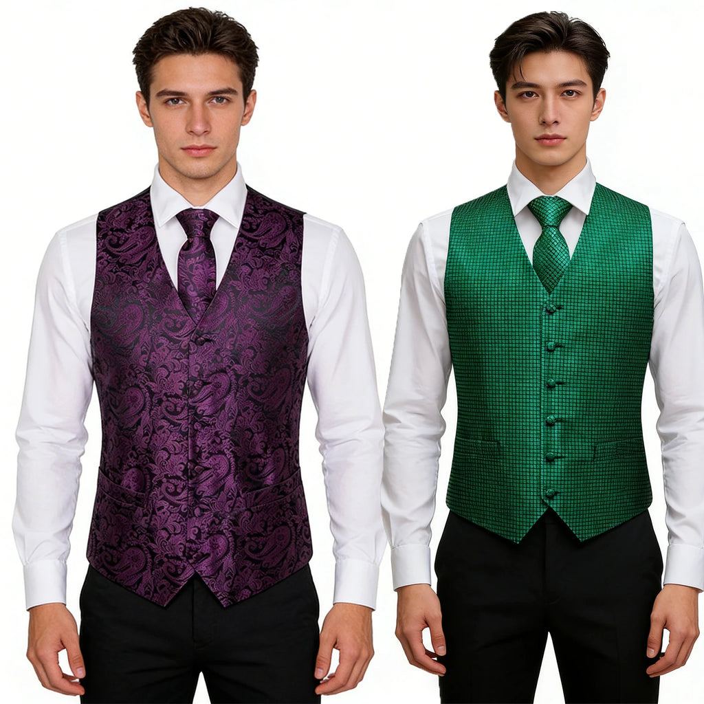 Men's Purple Green Vest & Tie Hanky Cufflinks Set – Formal Paisley Plaids Waistcoat for Weddings Events Party Gift Qme