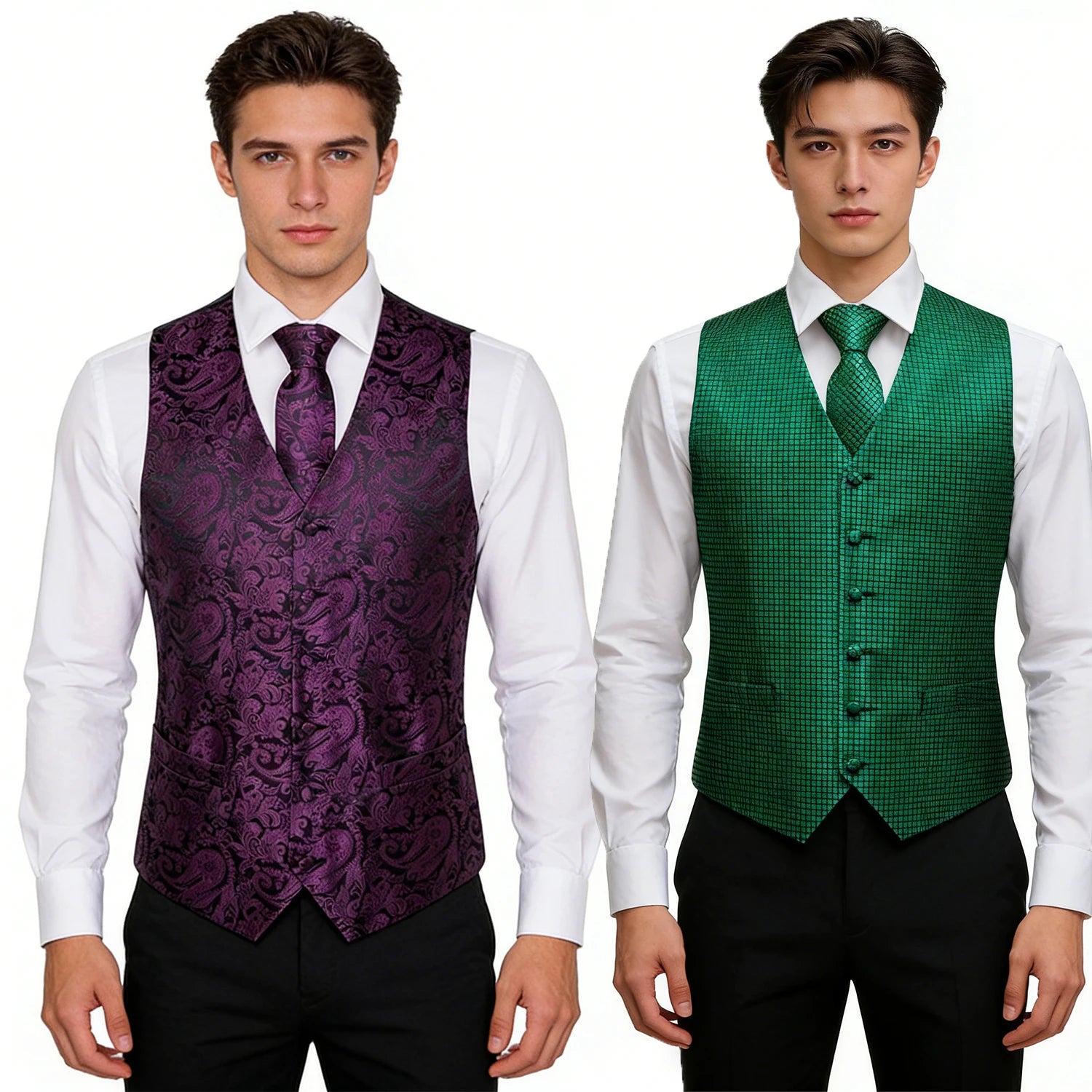 Men's Purple Green Vest & Tie Hanky Cufflinks Set – Formal Paisley Plaids Waistcoat for Weddings Events Party Gift Qme