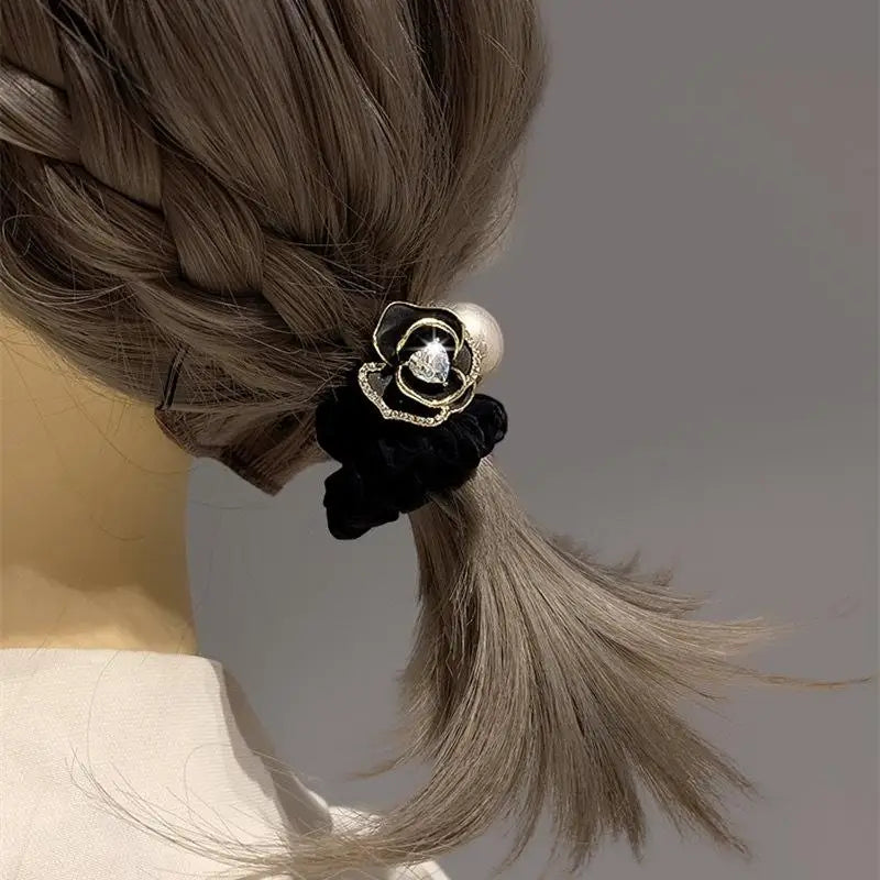 Deluxe Hair Ropes Women Black Pearl Tea Rose Designs Stylish Bands Qme