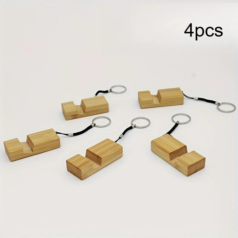 Bamboo Wood Phone Stand With Keychain Mini Portable Cell Phone Holder Universal Desk Smartphone Bracket Key Ring Accessory Qme 4pcs