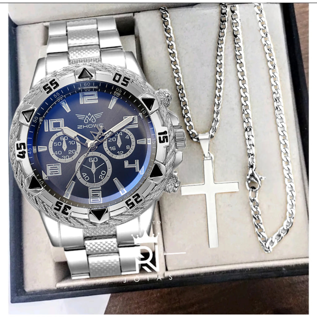 Men's Watch Set + Necklace with Cross Fashion Casual Stainless Steel Three-dial Quartz Watch Fathers Day Graduation Gift Set Qme Silver