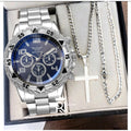 Men's Watch Set + Necklace with Cross Fashion Casual Stainless Steel Three-dial Quartz Watch Fathers Day Graduation Gift Set Qme Silver