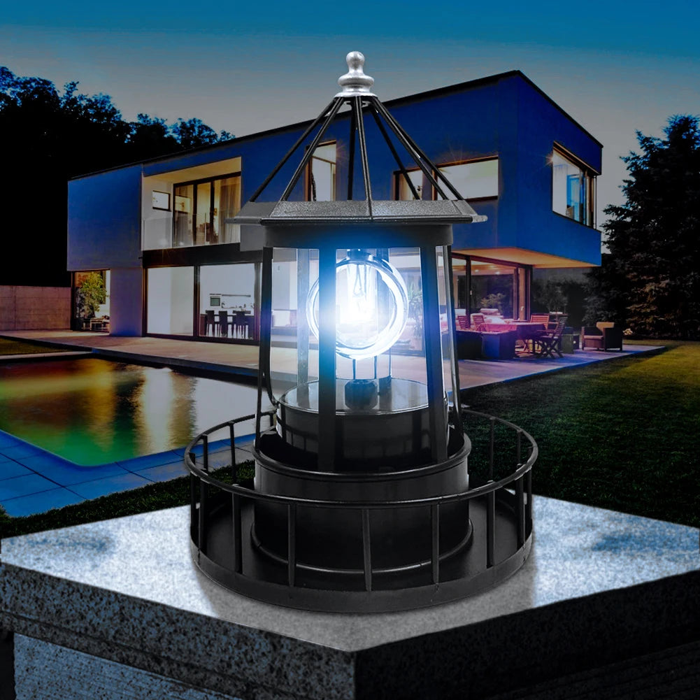 Lighthouse Shape Solar LED Lights Garden Lawn Outdoor Beam Rotating Beacon Lamps Qme