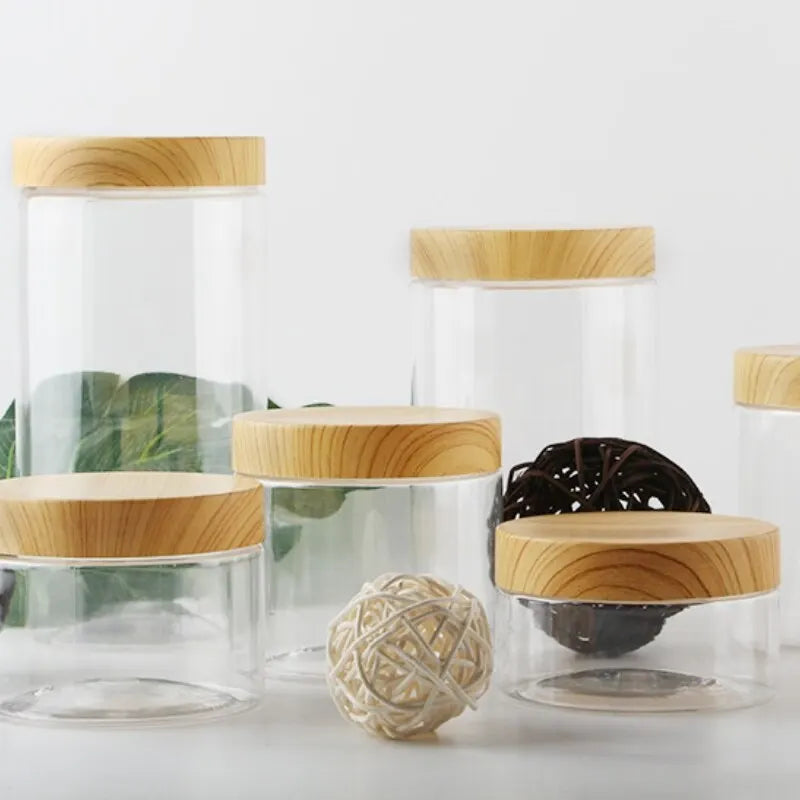 Imitation Wood Grain Sealed Jar Transparent Plastic Food Jar Dried Fruit PET Flower Tea Biscuit Box Food Packaging Bottles Qme