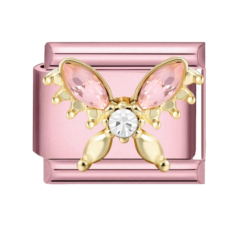 Shiny Colorful Zircon Bowknot Butterfly Garland Italian Charm Links Fit 9mm Stainless Steel Bracelet Women Y2K DIY Making Gift Qme Style 24