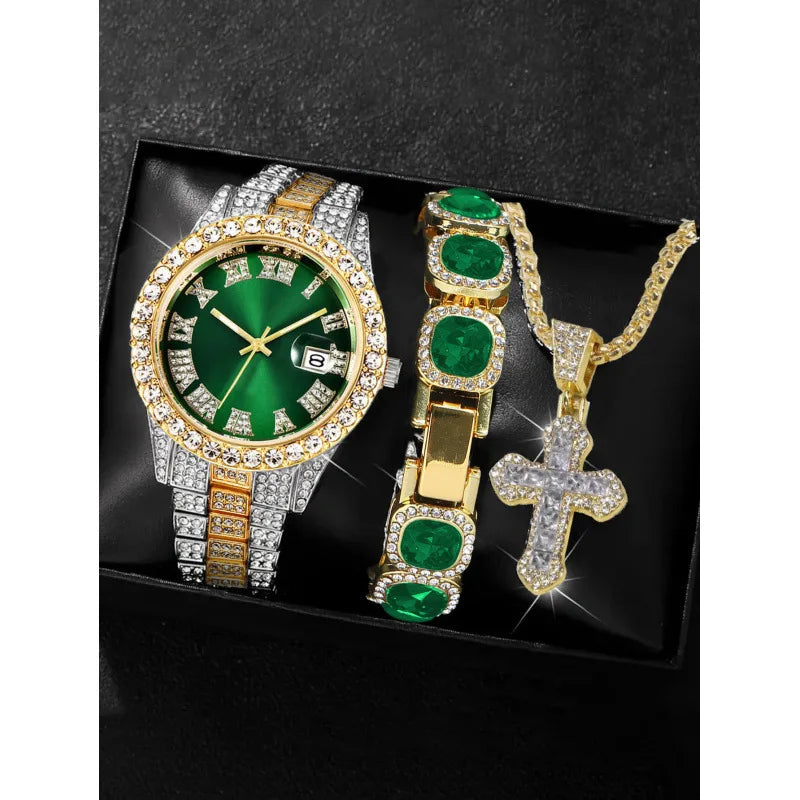 18 styles of hip-hop diamond studded quartz watches, sugar bracelets, cross necklaces, men's large dial set Qme Rose