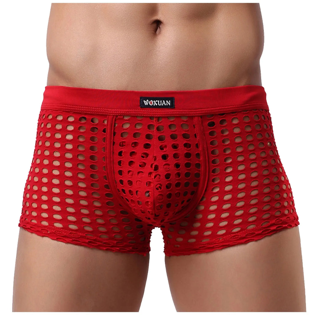 See-through Sexy Mens Mesh Hollowed Out Shorts Underwear Breathable Loose Comfortable Erotic Thongs Qme