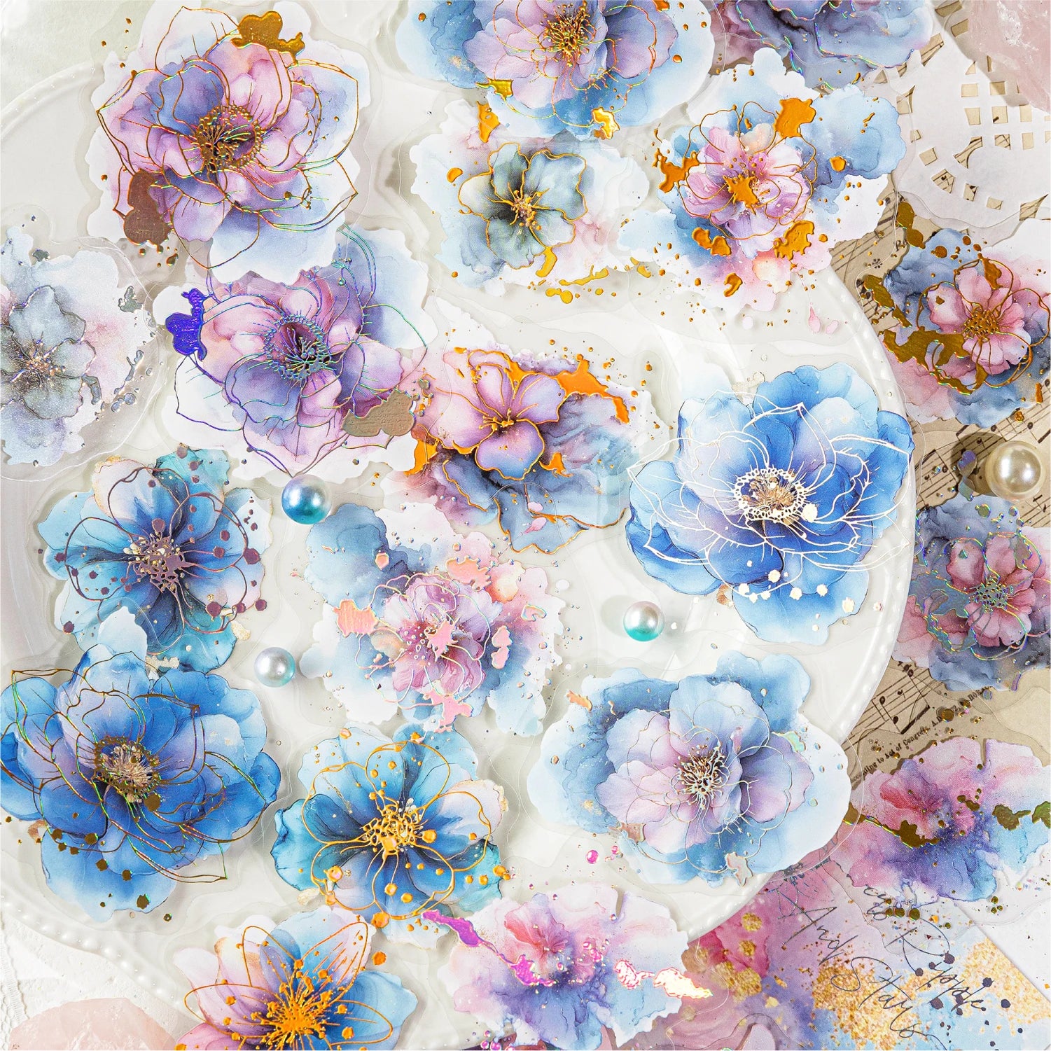 Holographic Waterproof Silver Floral Stickers 20 Sheets for Scrapbooking Journal DIY Decoration Collage Diary Supplies Qme