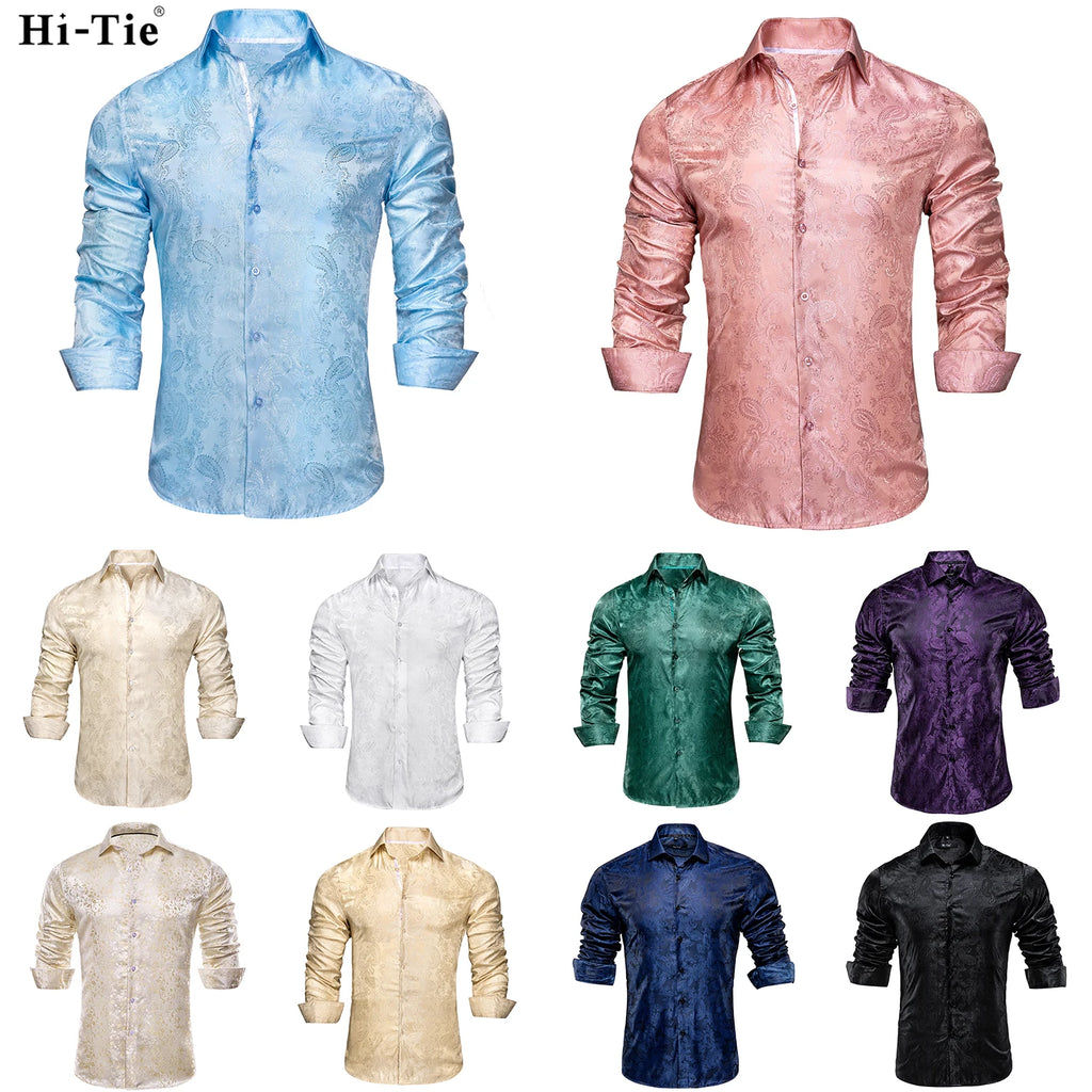 Hi-Tie Jacquard Paisley Light Blue Mens Shirt Long Sleeve Lapel Shirt Blouse Outerwear Wedding Office Breathable Quality Qme