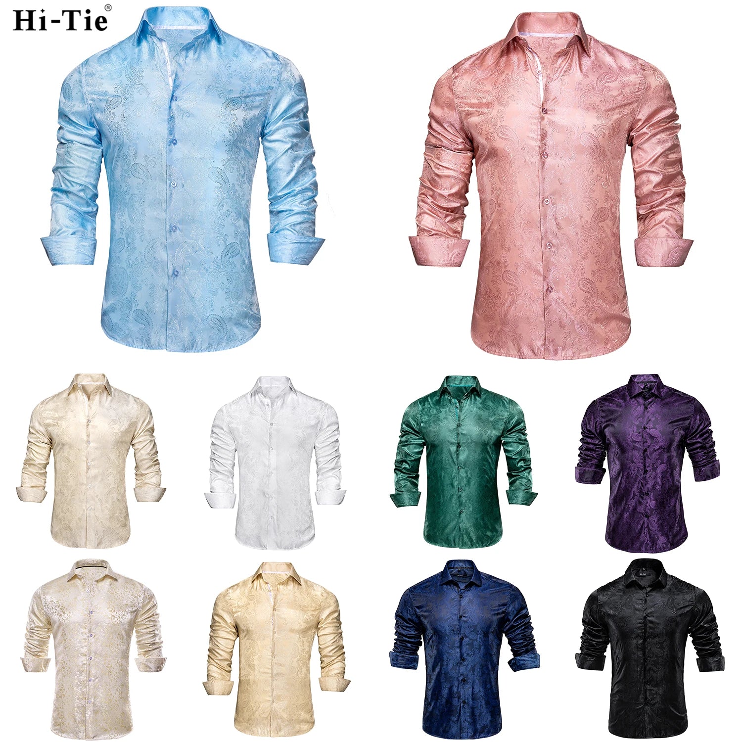 Hi-Tie Jacquard Paisley Light Blue Mens Shirt Long Sleeve Lapel Shirt Blouse Outerwear Wedding Office Breathable Quality Qme