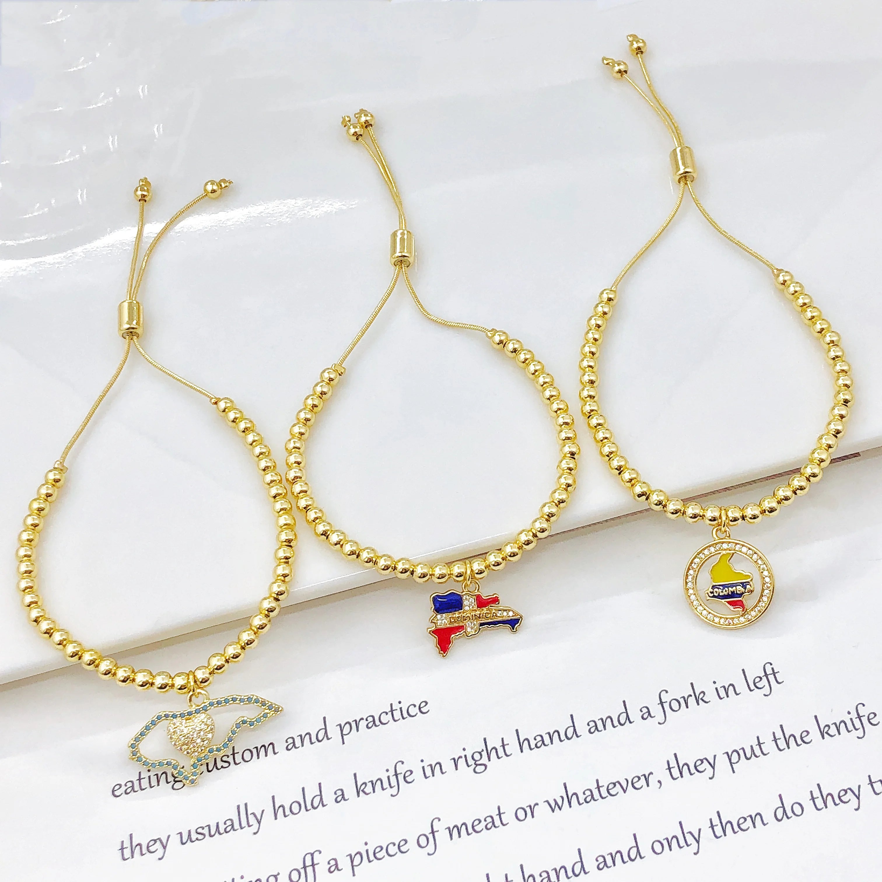 Gold-Plated Copper Bead Chain Venezuela Colombia Dominican Map Flag Bracelet Classic for Men Women Holiday Anniversary Jewelry Qme