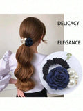 Pearl Rose Flower Hair Accessory Camellia Rope Ring Diamond Studded Qme black