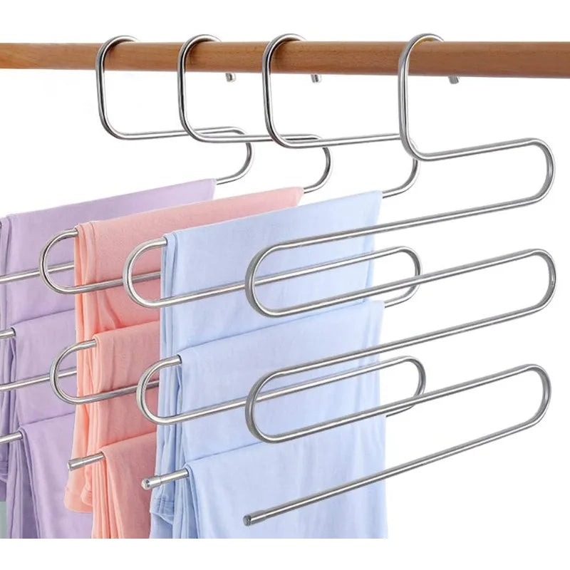 5-layer S-shaped Stainless Steel Trouser Rack Multifunctional Hanger Space-saving Non-slip Pants Storage Accessories Qme