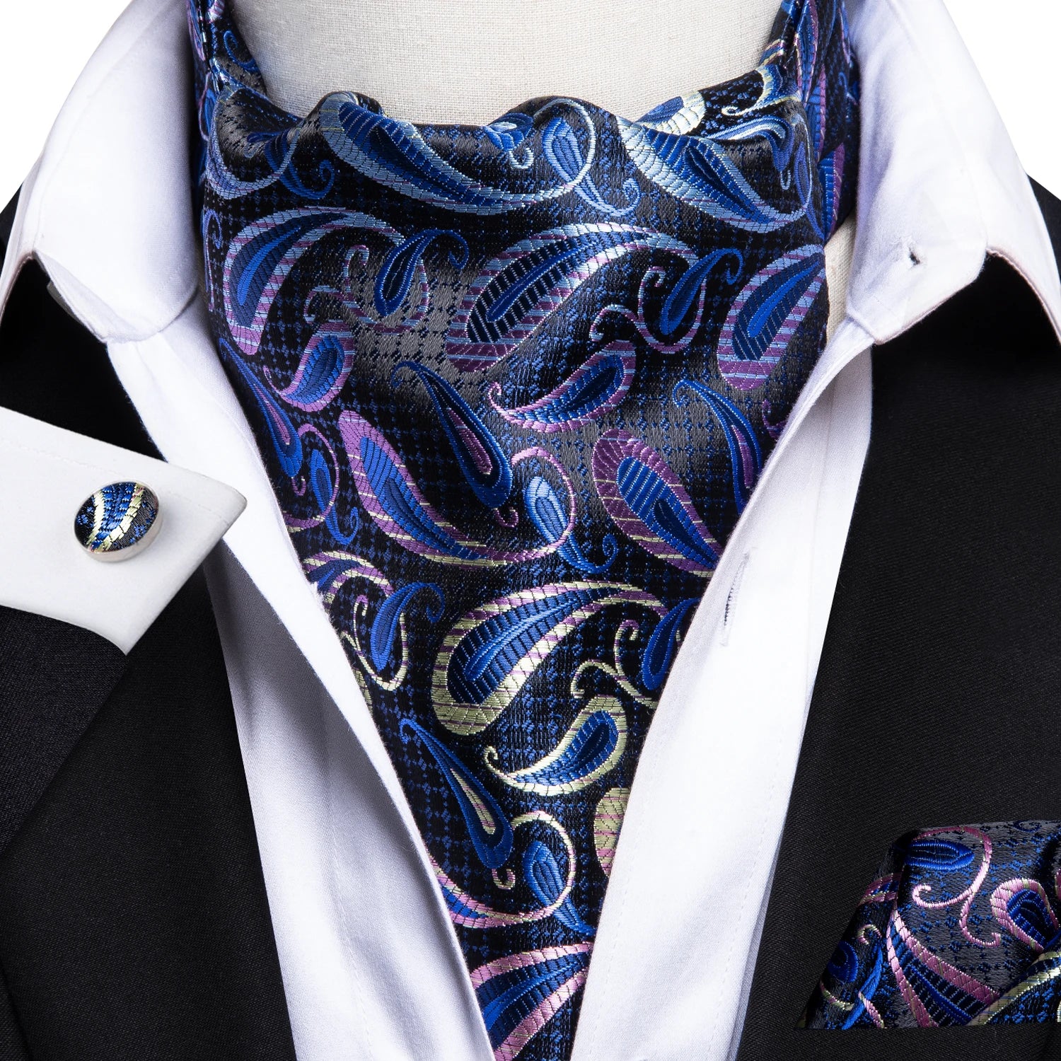 Hi-tie Mens Ascot Pocket Square Cufflinks Jacquard Paisley Floral Qme AS-1035