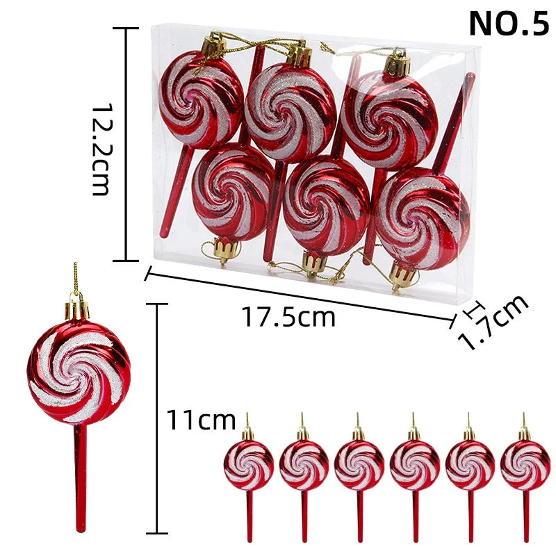 6PCS Christmas Tree Decorations Lollipops Pine Cones Candy Canes Christmas Decoration Pendants Christmas Decorations for Home Qme Set 5