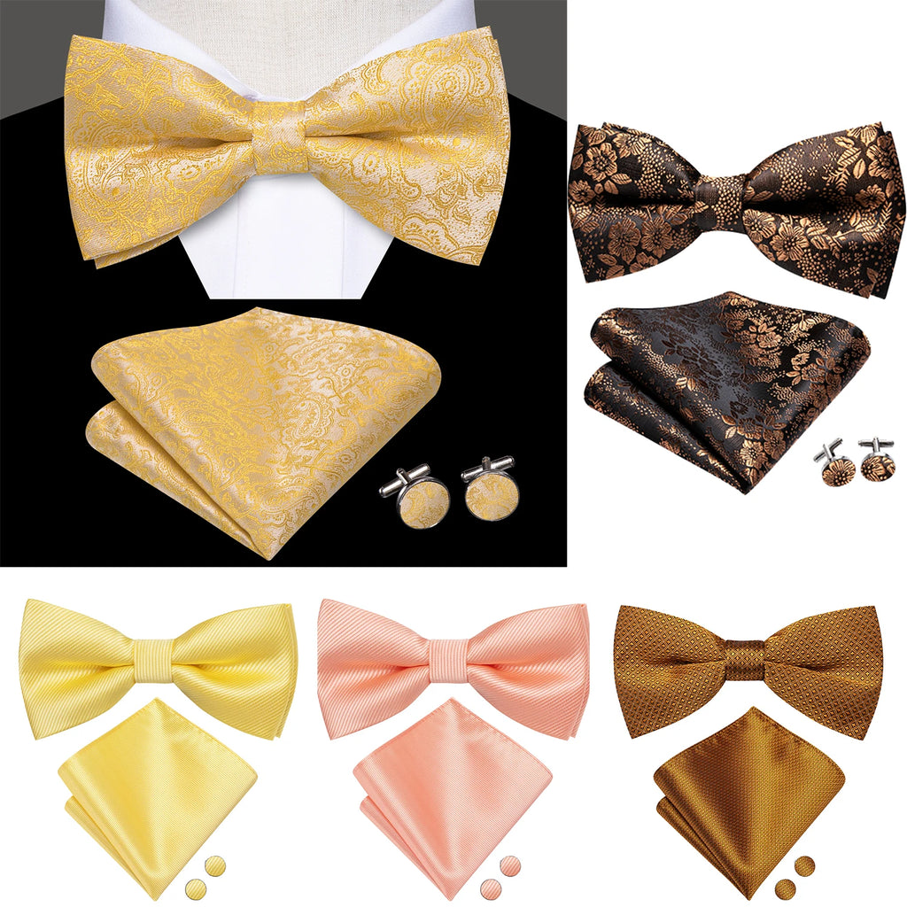 Hi-tie Mens Bow Tie Hanky Cufflinks Light Yellow Brown Floral Clean Qme