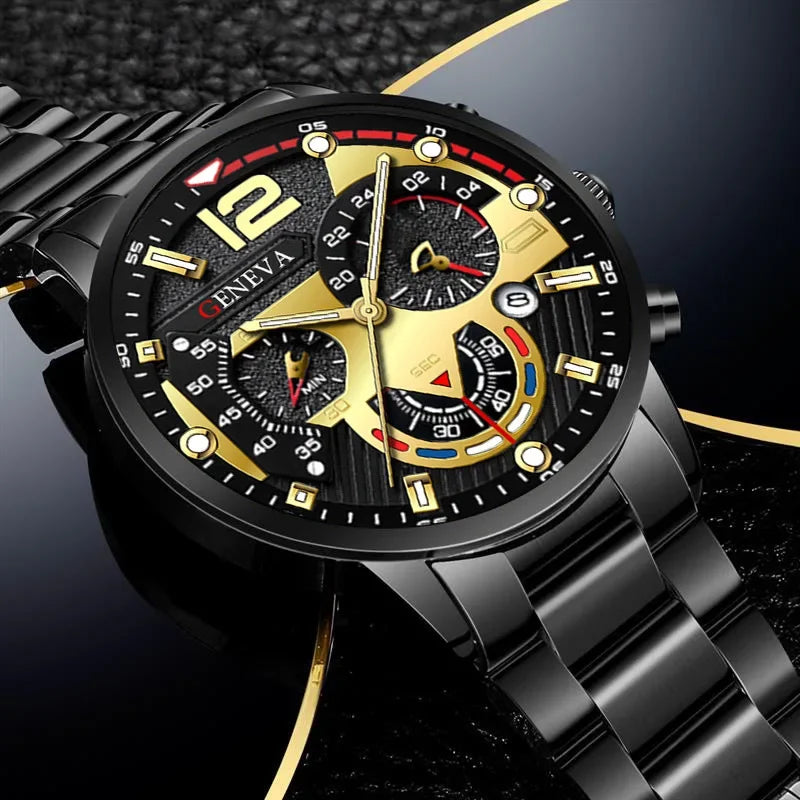 GENEVA Men's Creative Six-Pin Watch Alloy Steel Band Quartz Watch Men Watch New Luxury Men's Quartz WristWatch Qme