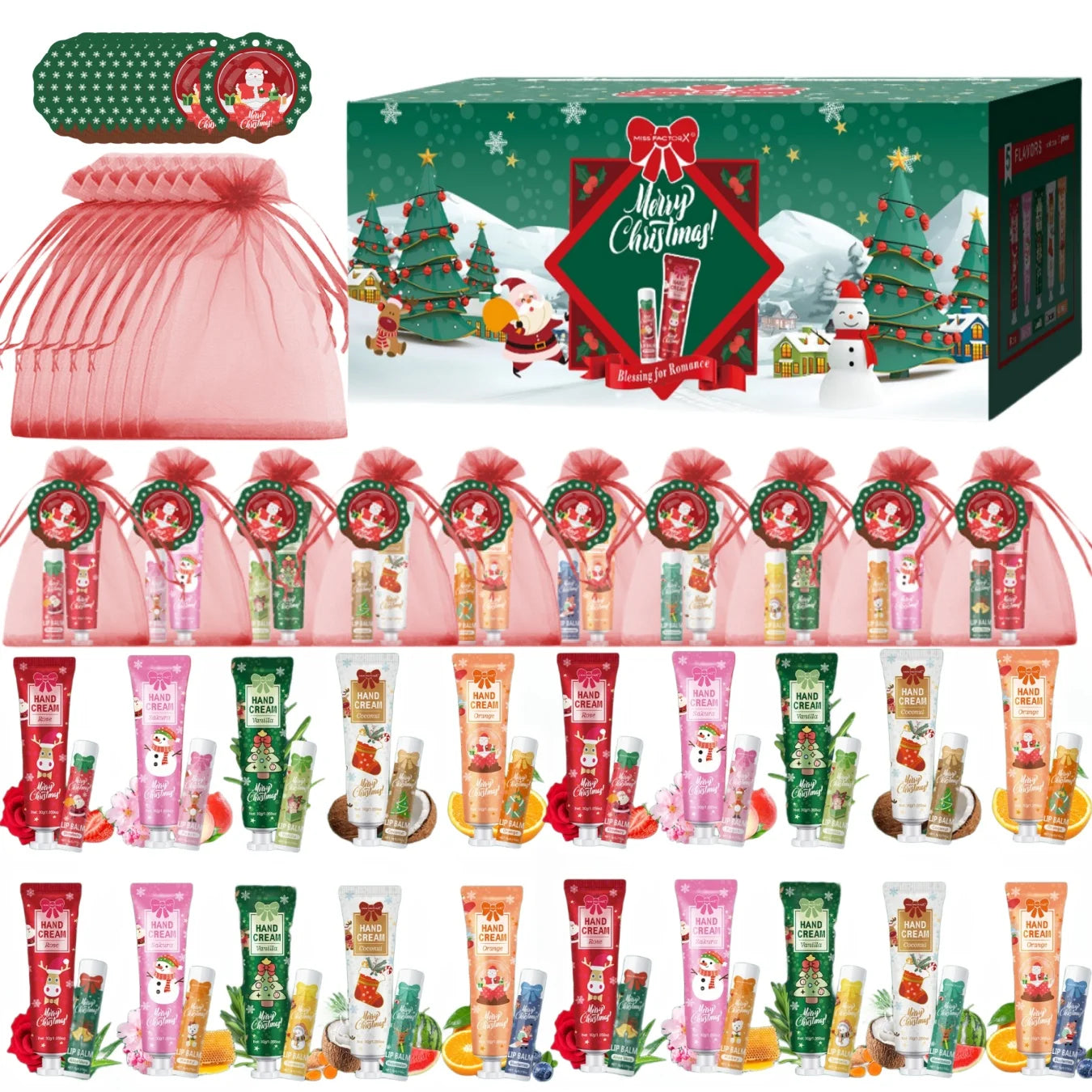 Christmas Gift Set Distribution 120PCS/Box in Bulk, Lip Balm in Bulk, Hand Cream in Bulk, Christmas Cards, Gift Gauze Bags Qme