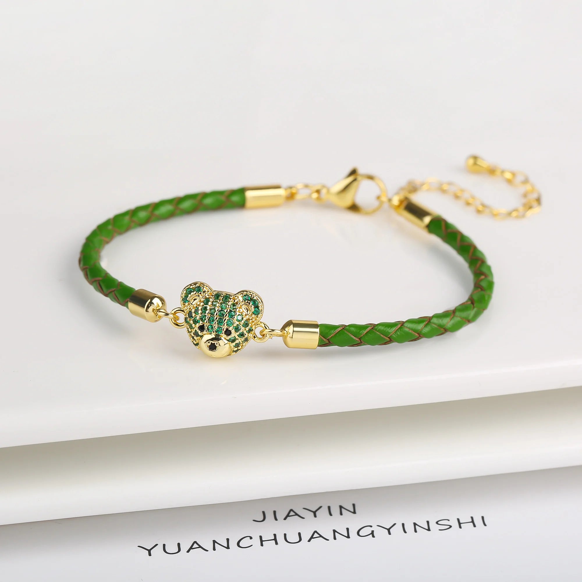 New 6 Colors Fashion Cute Animal Bear Zirconia Leather Rope Braided Adjustable Bracelet Classic for Man Woman Party Jewelry Gift Qme Green
