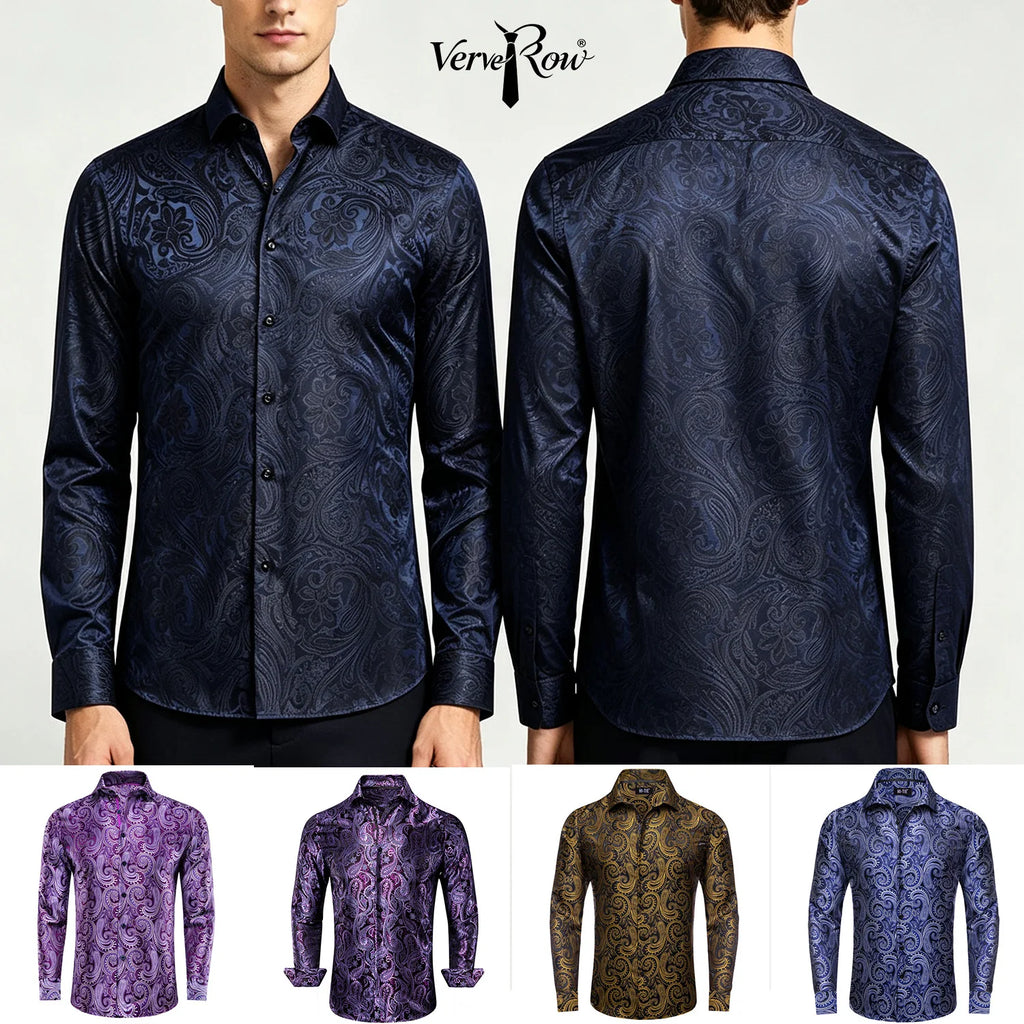 Single Paisley Long Sleeve Shirt Men, Gold or Purple or Black or Blue or Brown, Loose Button Collar Daily Casual Wear Qme