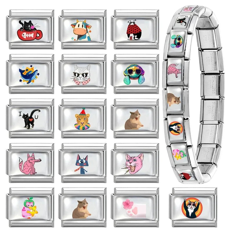 2026 Versatile New Cartoon Sunglasses Cats Lion Tigers Italian Style Bracelet 9mm Stainless Steel Modular DIY Bracelet Wholesale Qme