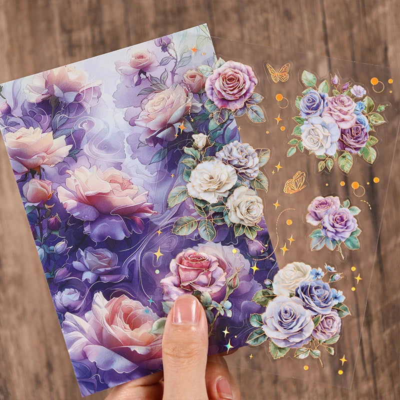 4pcs/pack Large size Aesthetic Flowers PET Stickers Shell Light DIY Scrapbooking Decor Stationery Collage Junk Journal Supplies Qme