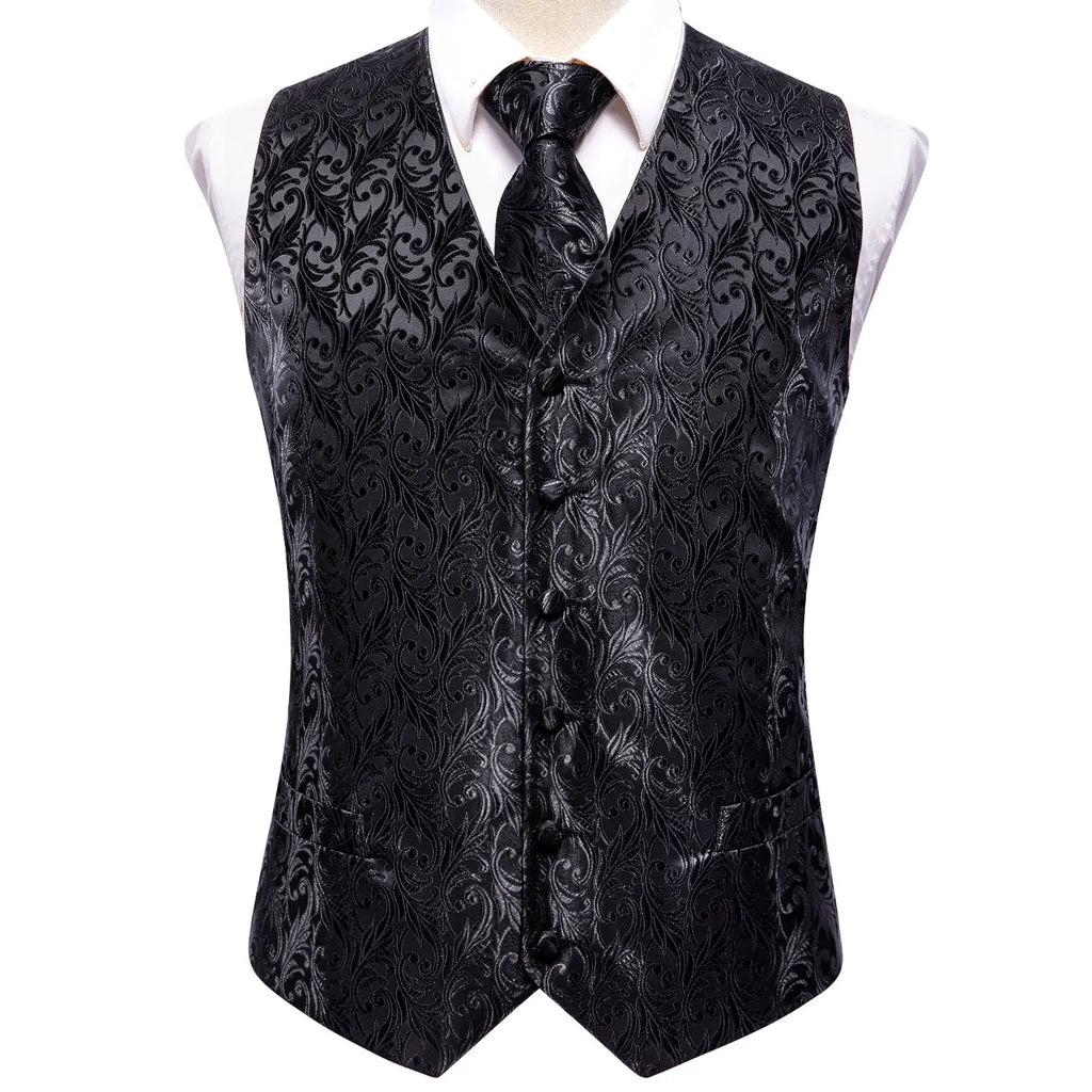 Hi-tie Black Men Vest Paisley Jacquard Necktie Hankerchief Cufflinks Qme