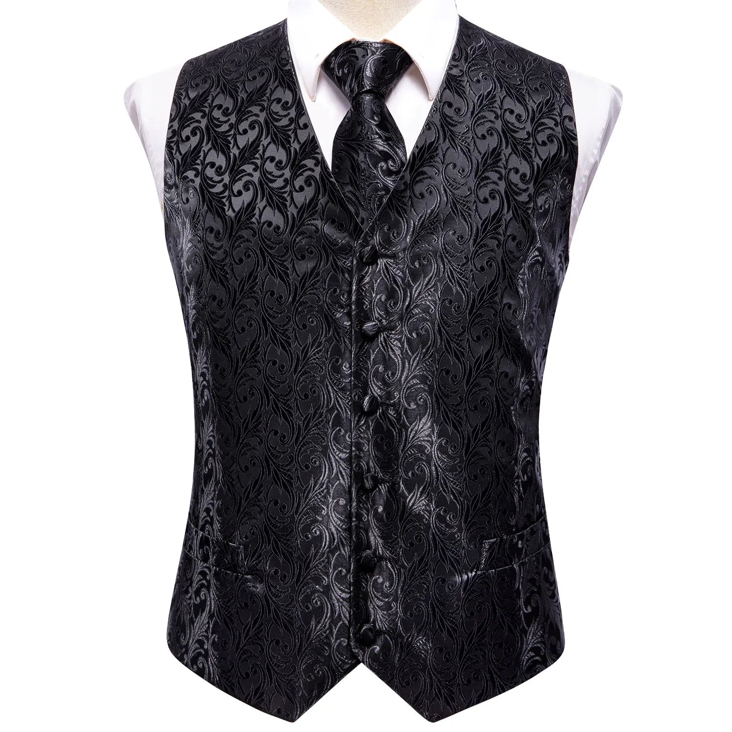 Hi-tie Black Men Vest Paisley Jacquard Necktie Hankerchief Cufflinks Qme
