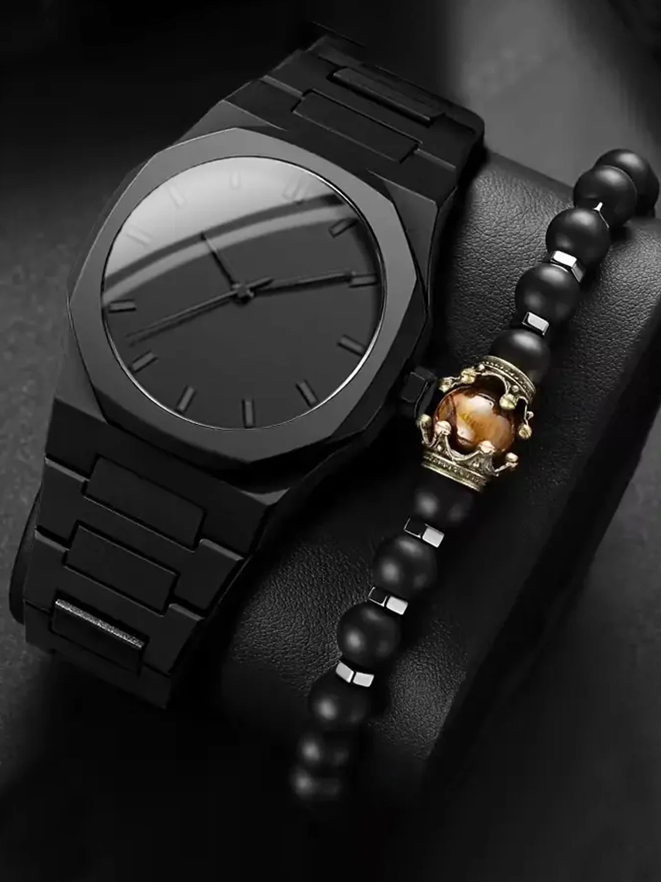 Dark Tone Minimal Watch with Vintage Crown Tiger Eye Bead Bracelet Gift Set Qme Coffee