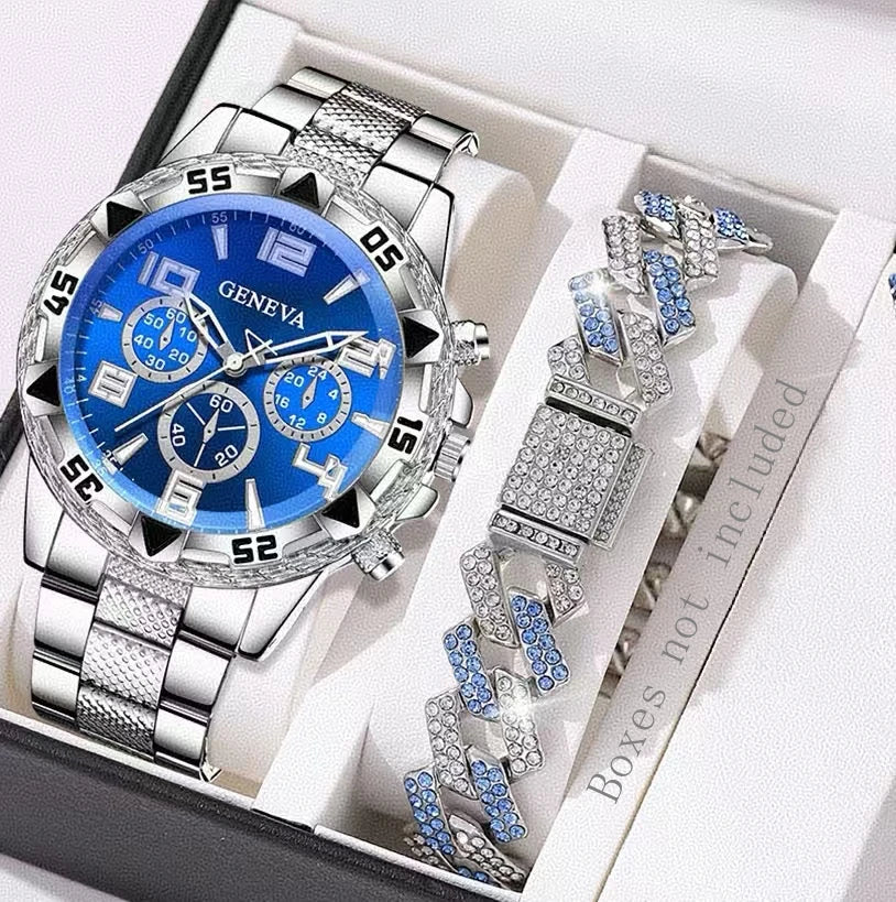 Geneva Three Eyes Blue Plate Men's Steel Belt Watch Blue and White Full Diamond Cuban Bracelet Two Piece Set, Qme Silver