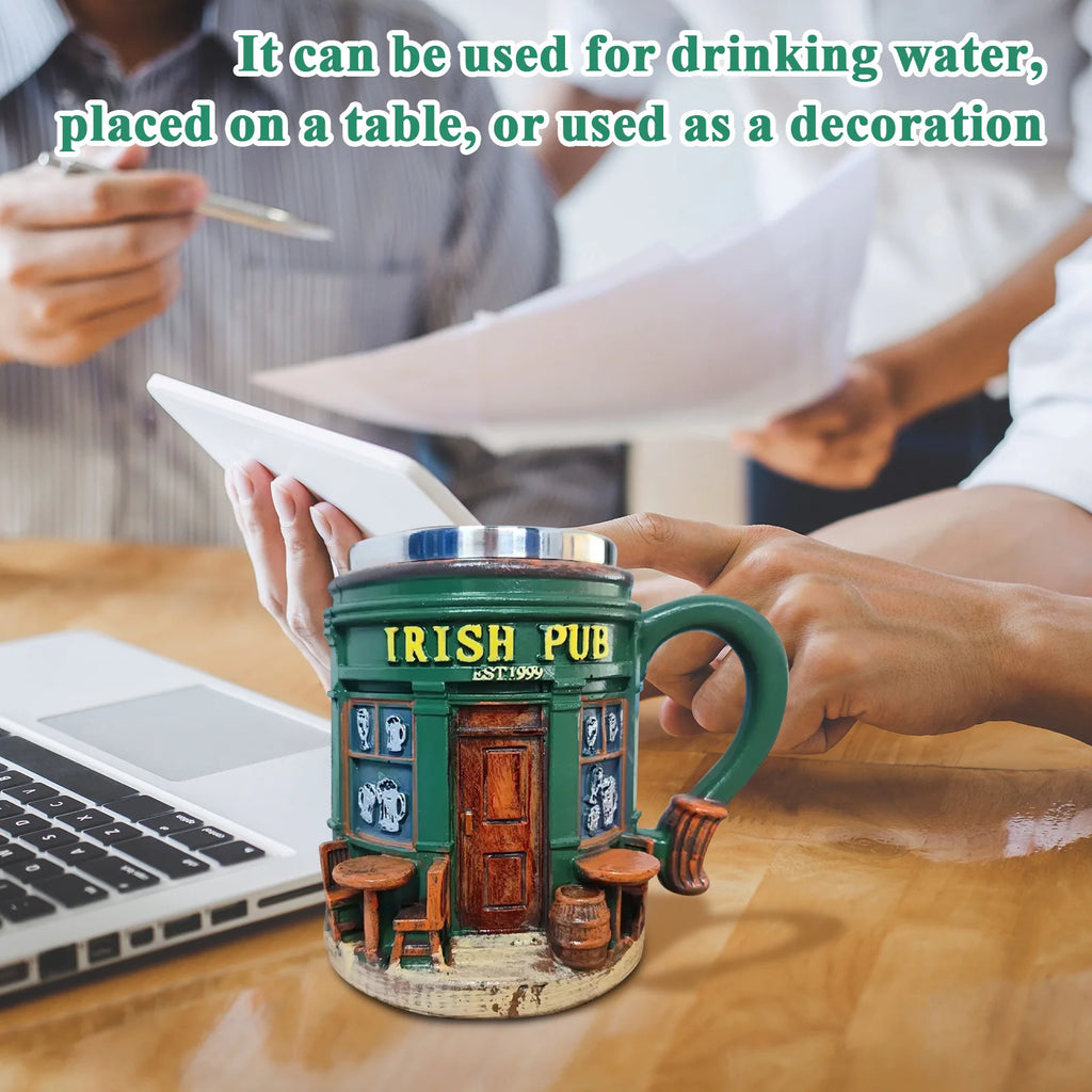 Creative Irish Pub Stainless Steel Mug Home Bar Resin Crafts Ornaments Beer Mug Coffee Cup Drinking Utensils Xmas Holiday Gift Qme