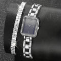 2PCS Silver Women's Watch Set Luxury Trendy Simple Quartz Watch Bracelet Set Suitable for Daily Clothing Matching Perfect Gift Qme Silver