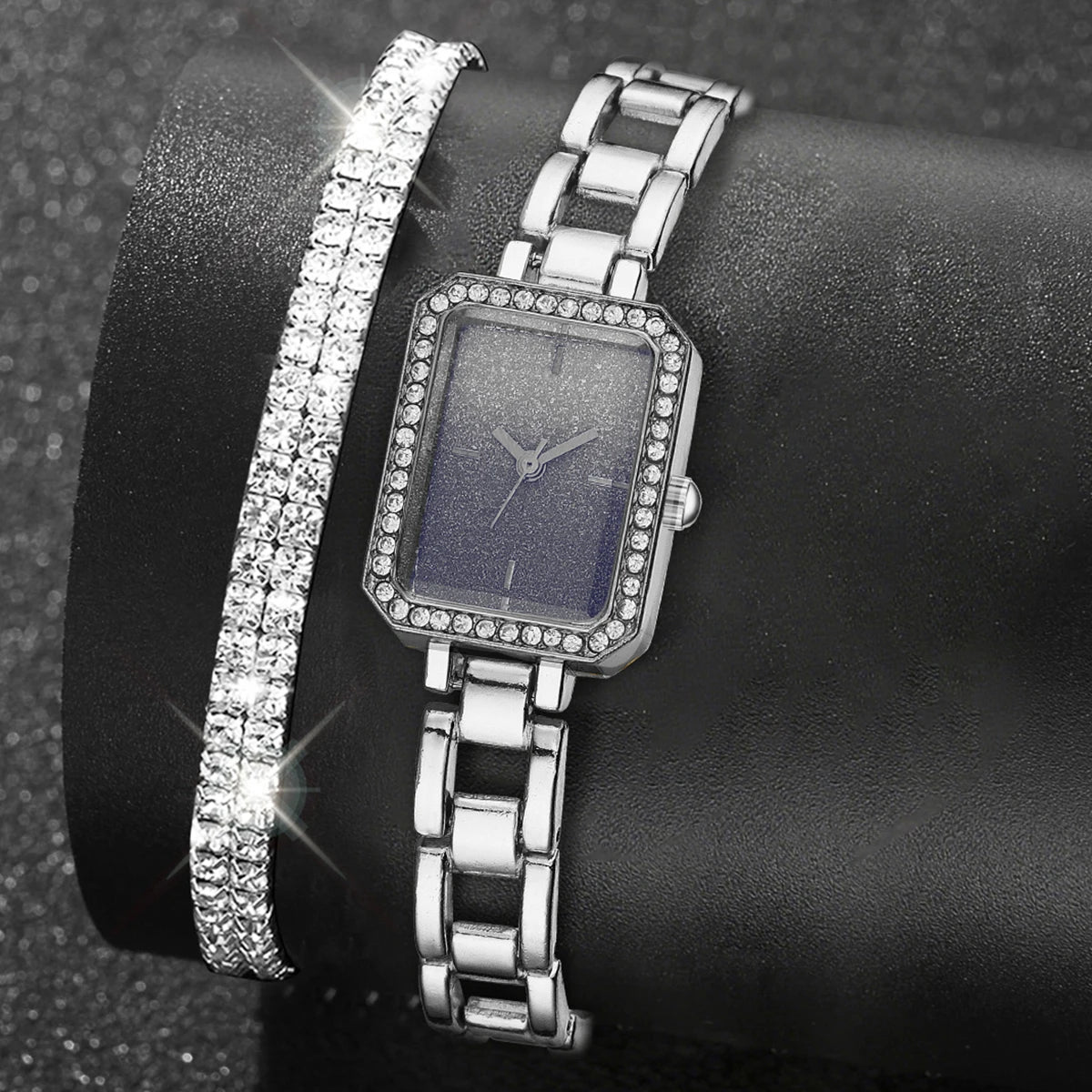 2PCS Silver Women's Watch Set Luxury Trendy Simple Quartz Watch Bracelet Set Suitable for Daily Clothing Matching Perfect Gift Qme Silver